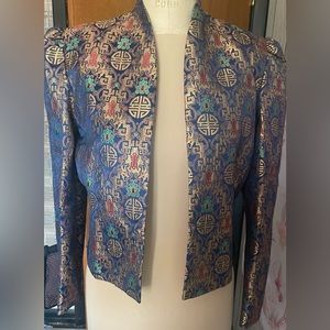 Chinese metallic print crop jacket with blue lining in size 10